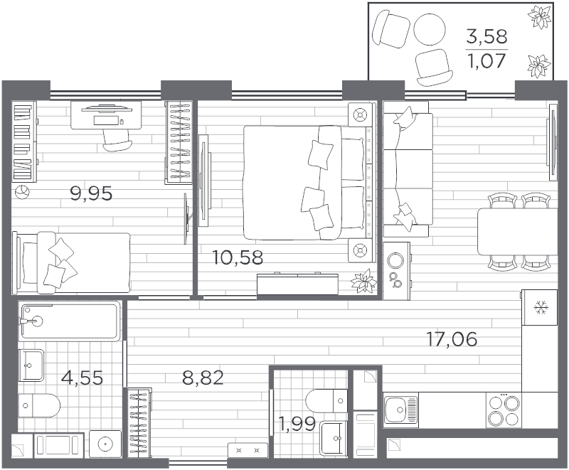 2-комнатная квартира, 54.02 м² в ЖК "PLUS Пулковский" - планировка, фото №1