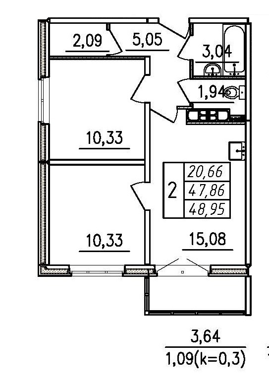 3-комнатная (Евро) квартира, 48.95 м² в ЖК "Меридиан Шушары" - планировка, фото №1