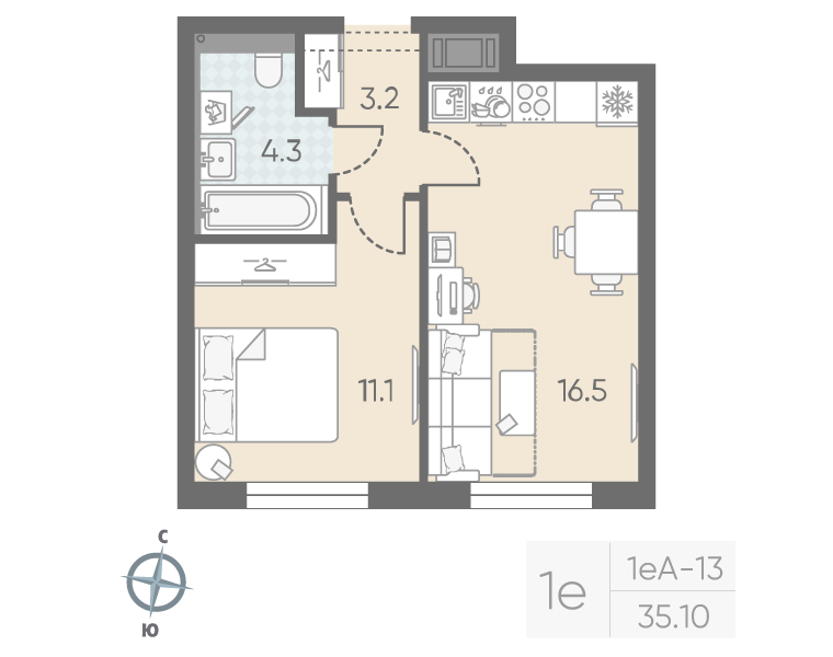 2-комнатная (Евро) квартира, 35.1 м² в ЖК "Большая Охта" - планировка, фото №1