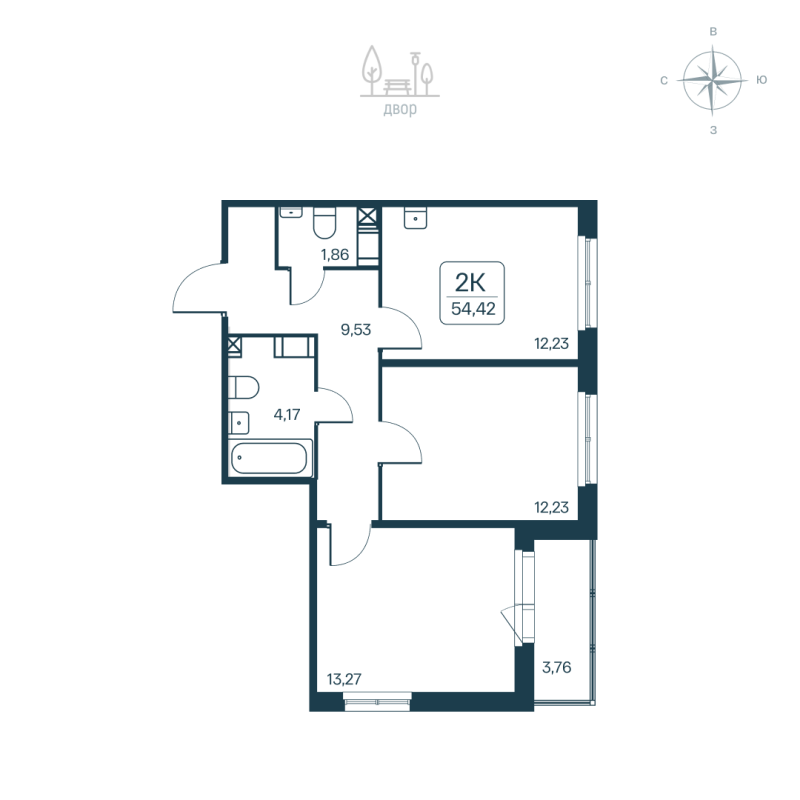 2-комнатная квартира, 54.42 м² в ЖК "Расцветай в Янино" - планировка, фото №1