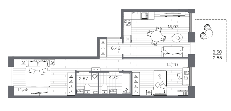 3-комнатная (Евро) квартира, 63.89 м² в ЖК "Сезоны" - планировка, фото №1