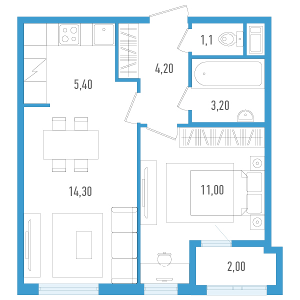 1-комнатная квартира, 40.2 м² в ЖК "AEROCITY" - планировка, фото №1