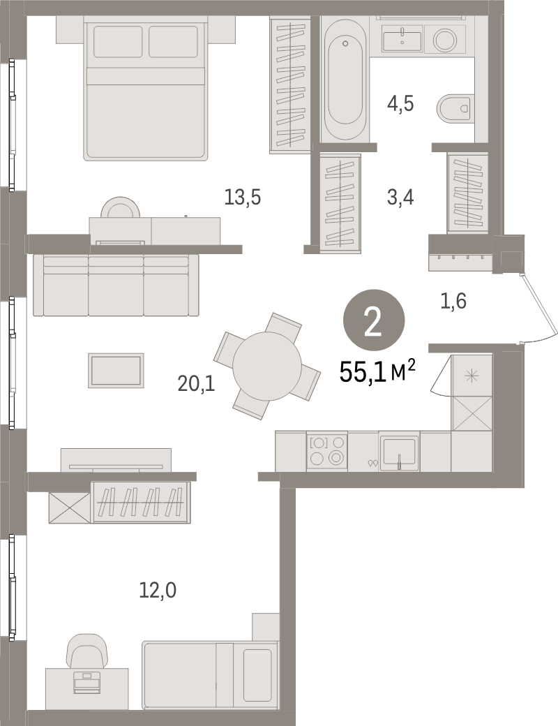 3-комнатная (Евро) квартира, 55.1 м² в ЖК "Брусника в Новоселье" - планировка, фото №1