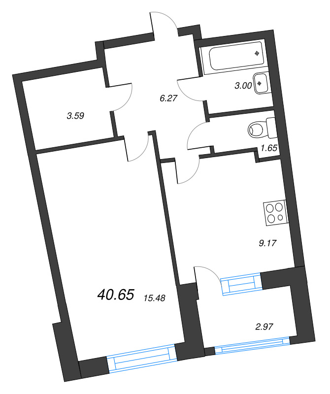 1-комнатная квартира, 40.65 м² в ЖК "Аквилон Riva" - планировка, фото №1