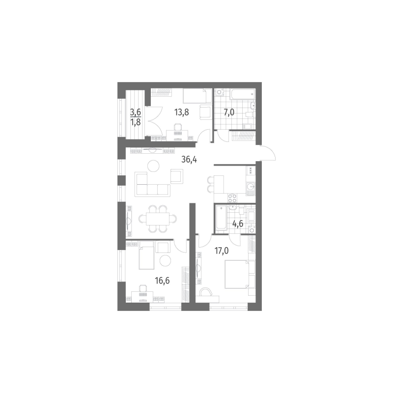 4-комнатная (Евро) квартира, 105.22 м² в ЖК "Наука" - планировка, фото №1