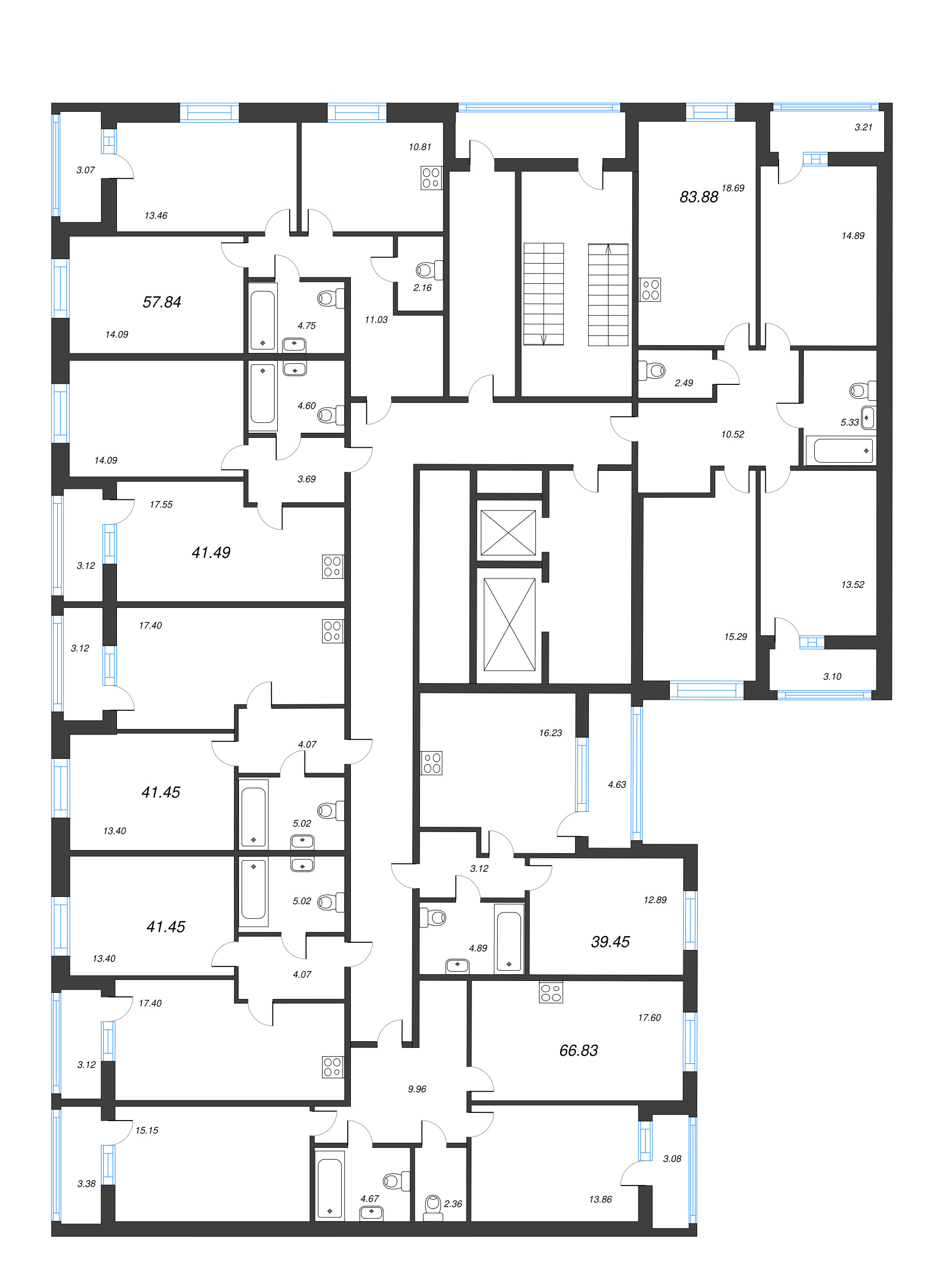 2-комнатная (Евро) квартира, 41.51 м² - планировка этажа