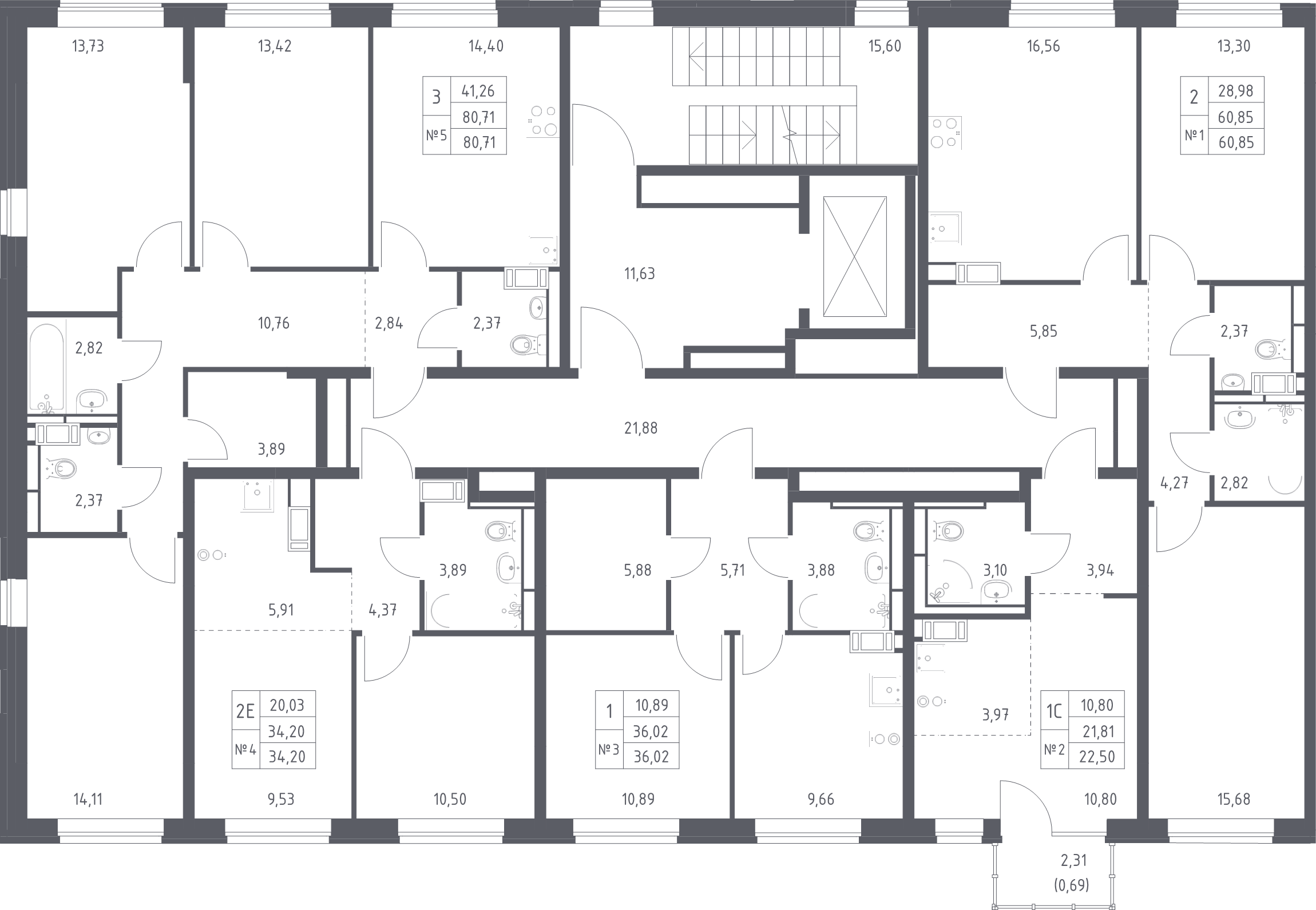 3-комнатная квартира, 80.71 м² - планировка этажа