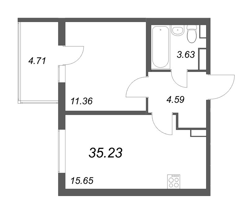 2-комнатная (Евро) квартира, 35.23 м² в ЖК "Любоград" - планировка, фото №1