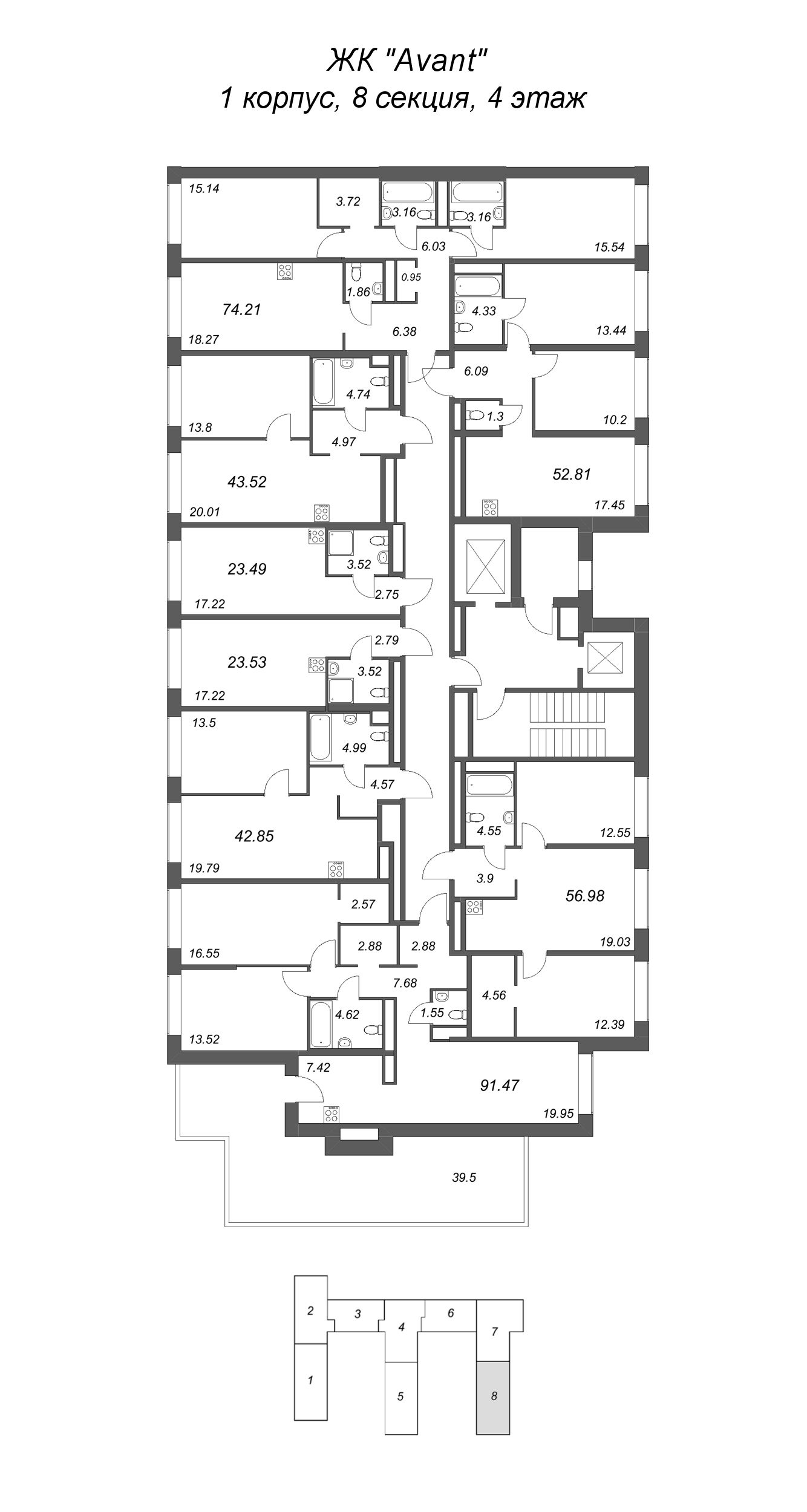 3-комнатная (Евро) квартира, 52.81 м² - планировка этажа