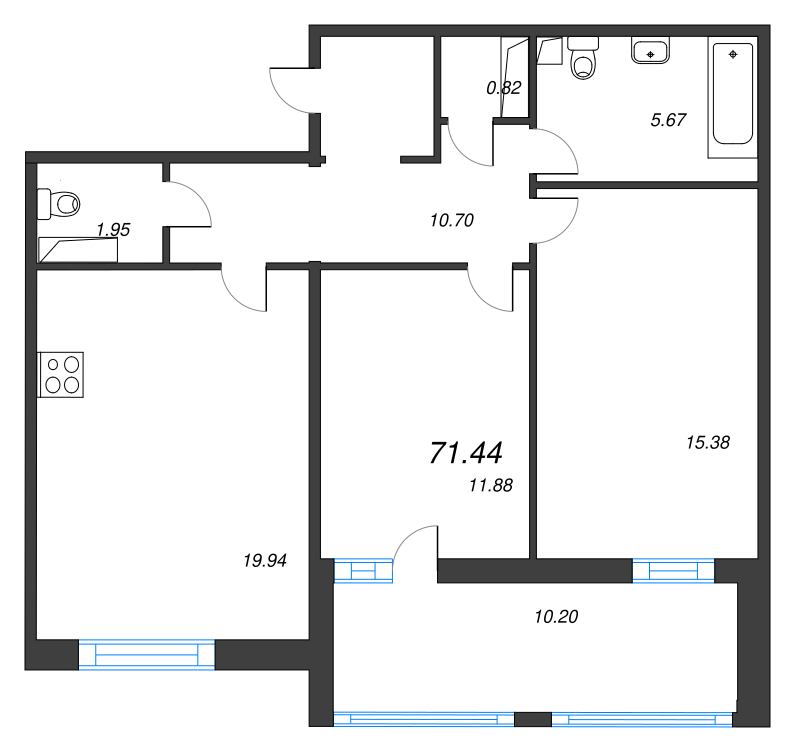 3-комнатная (Евро) квартира, 71.8 м² в ЖК "Cube" - планировка, фото №1