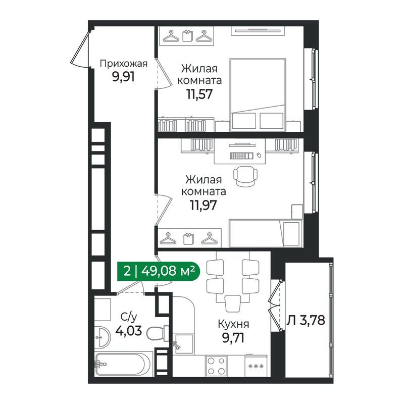 2-комнатная квартира, 49.08 м² в ЖК "Сертолово Парк" - планировка, фото №1
