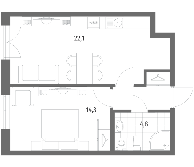 1-комнатная квартира, 45 м² - планировка, фото №1