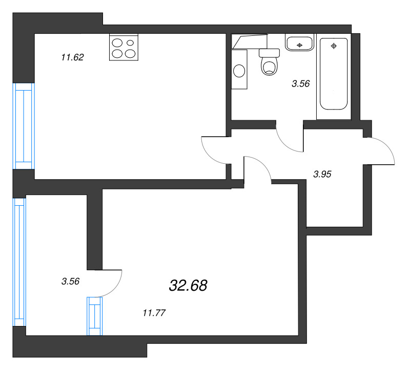 1-комнатная квартира, 32.68 м² - планировка, фото №1