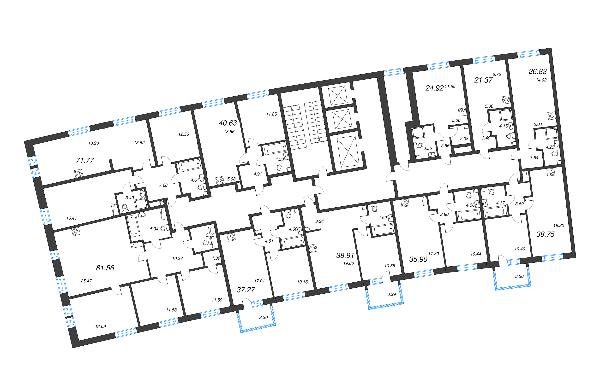 4-комнатная (Евро) квартира, 81.56 м² в ЖК "Бульвар Грина" - планировка этажа
