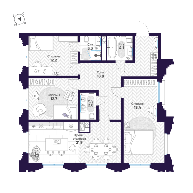 4-комнатная (Евро) квартира, 94.2 м² в ЖК "Mariinka Deluxe" - планировка, фото №1