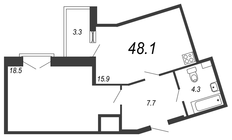 1-комнатная квартира, 49.2 м² - планировка, фото №1