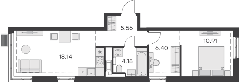 2-комнатная (Евро) квартира, 45.19 м² - планировка, фото №1