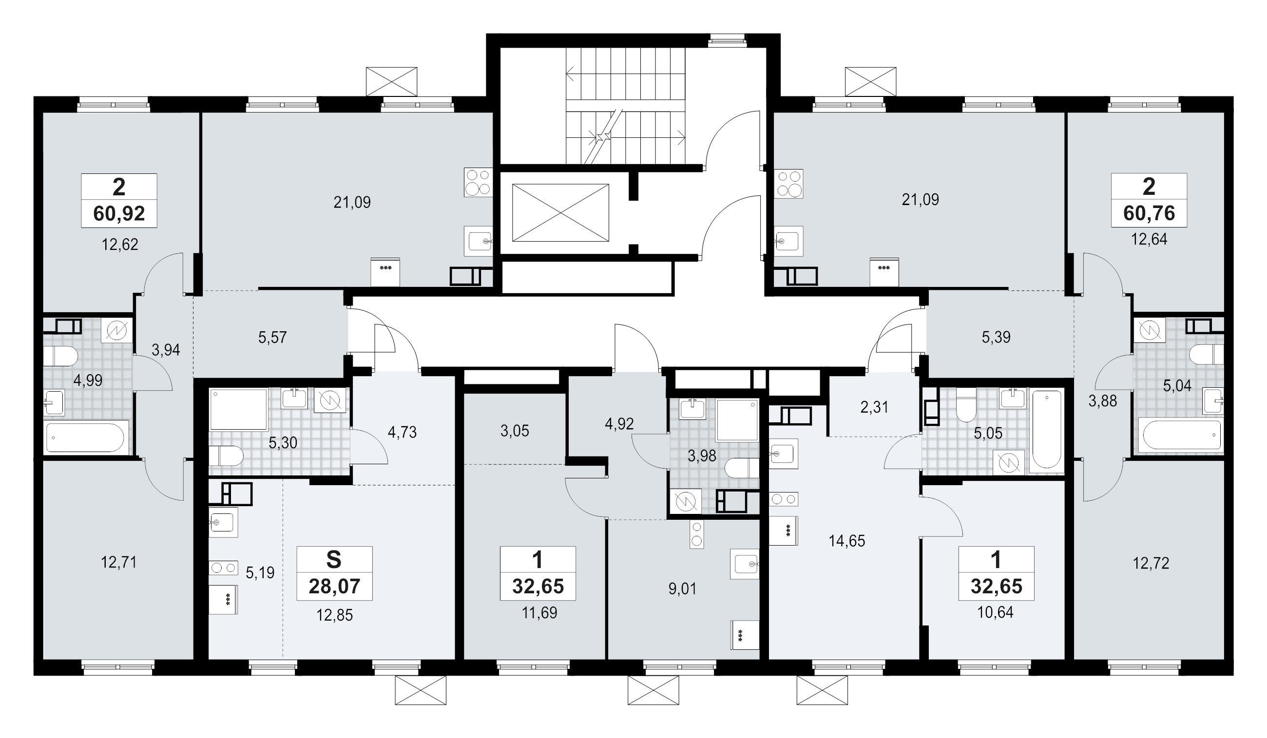 3-комнатная (Евро) квартира, 60.92 м² в ЖК "А101 Лаголово" - планировка этажа