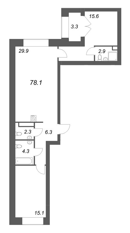 3-комнатная (Евро) квартира, 78.1 м² в ЖК "Наука" - планировка, фото №1