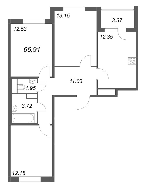 3-комнатная квартира, 66.91 м² в ЖК "ЮгТаун" - планировка, фото №1