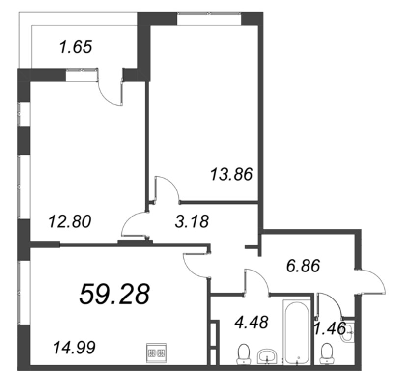 3-комнатная (Евро) квартира, 59.28 м² - планировка, фото №1