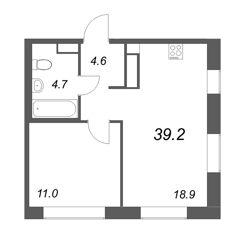 2-комнатная (Евро) квартира, 39.2 м² в ЖК "Куинджи" - планировка, фото №1
