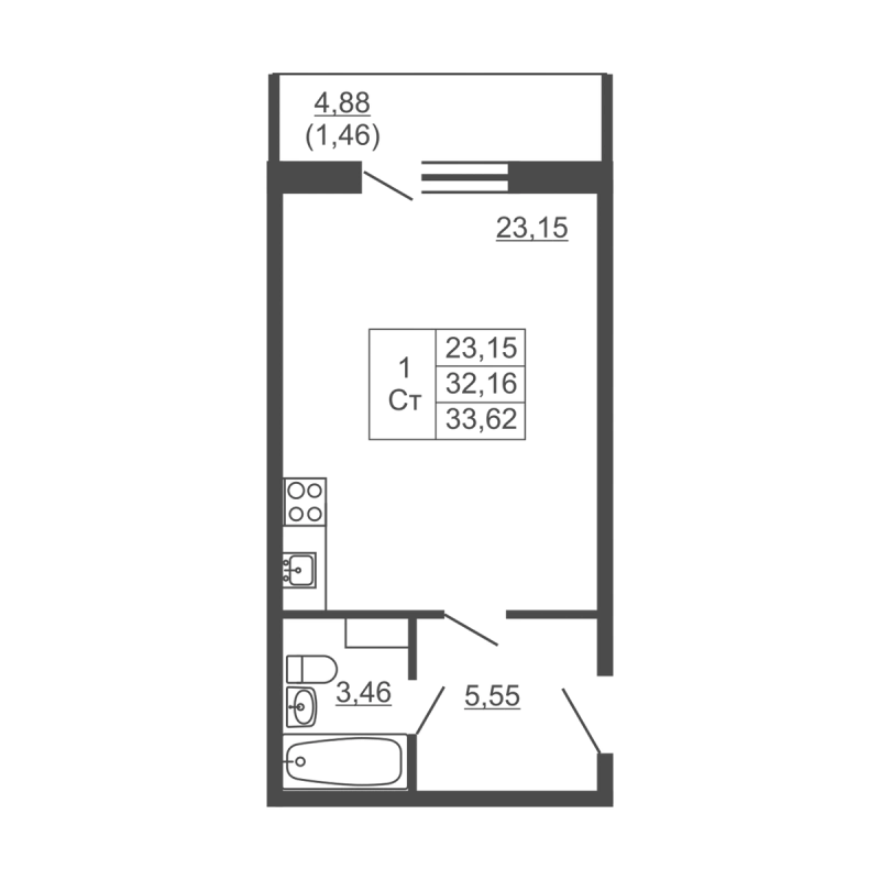 Квартира-студия, 33.62 м² в ЖК "Тандем" - планировка, фото №1