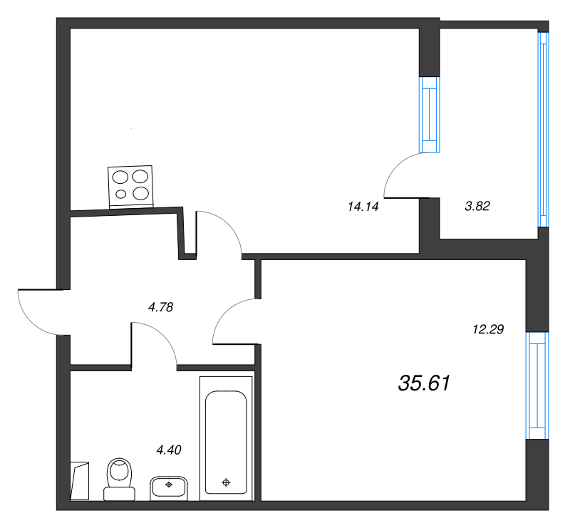 1-комнатная квартира, 35.61 м² - планировка, фото №1