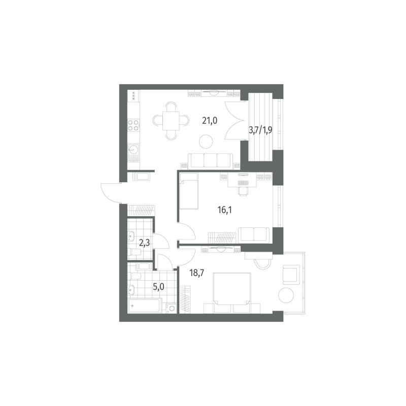 3-комнатная (Евро) квартира, 72.54 м² в ЖК "Наука" - планировка, фото №1
