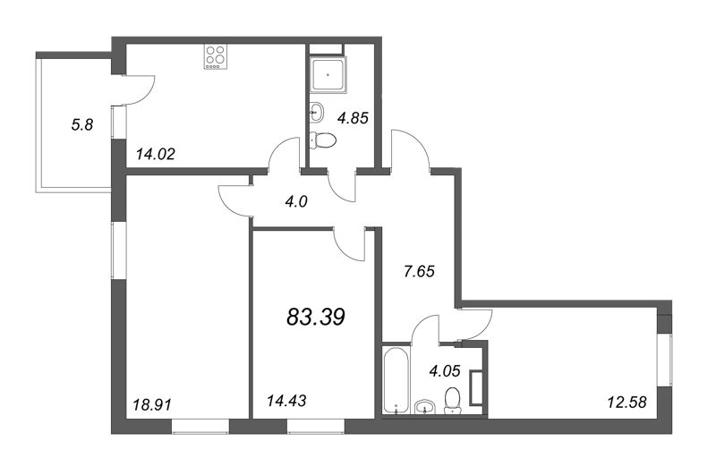 3-комнатная квартира, 80.49 м² в ЖК "Юттери" - планировка, фото №1