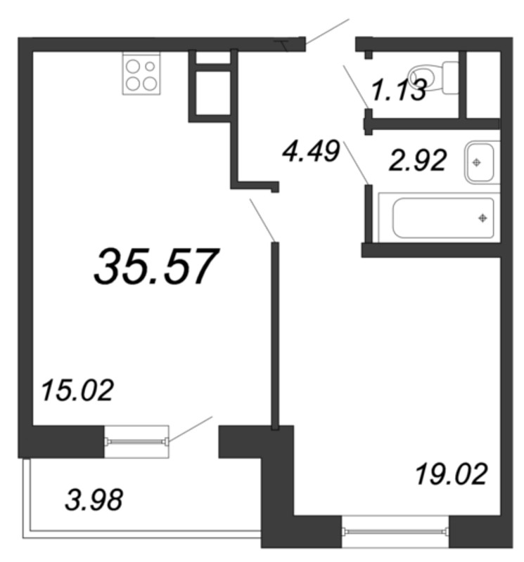 2-комнатная (Евро) квартира, 35.5 м² - планировка, фото №1