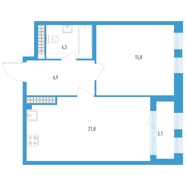 2-комнатная (Евро) квартира, 50.6 м² в ЖК "Дефанс Премиум" - планировка, фото №1