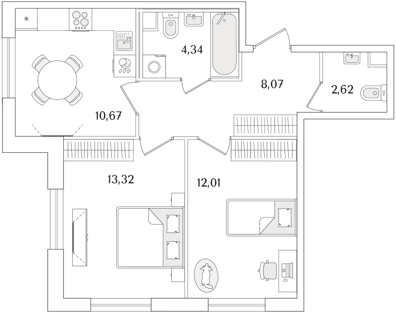 2-комнатная квартира, 51.03 м² в ЖК "Кинопарк" - планировка, фото №1