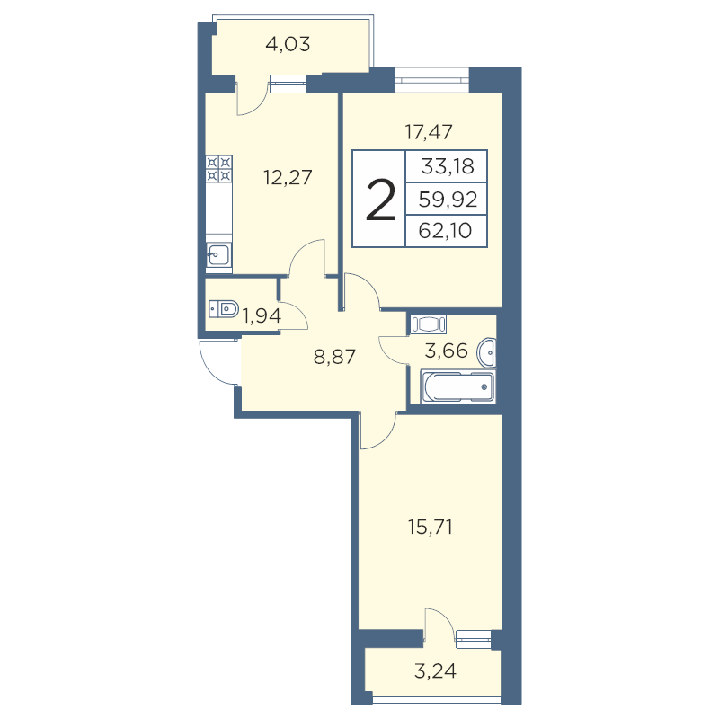 2-комнатная квартира, 62.1 м² - планировка, фото №1