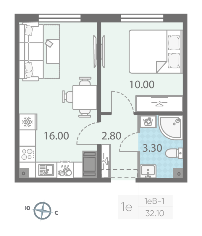 1-комнатная квартира, 32.1 м² - планировка, фото №1