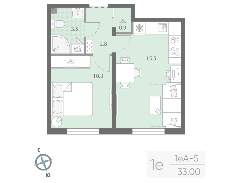 2-комнатная (Евро) квартира, 33 м² в ЖК "Дыбенко Парк" - планировка, фото №1