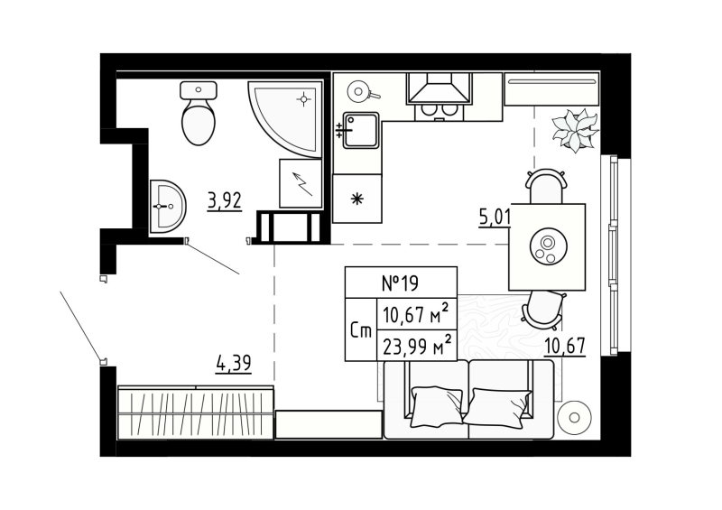 Квартира-студия, 23.98 м² - планировка, фото №1