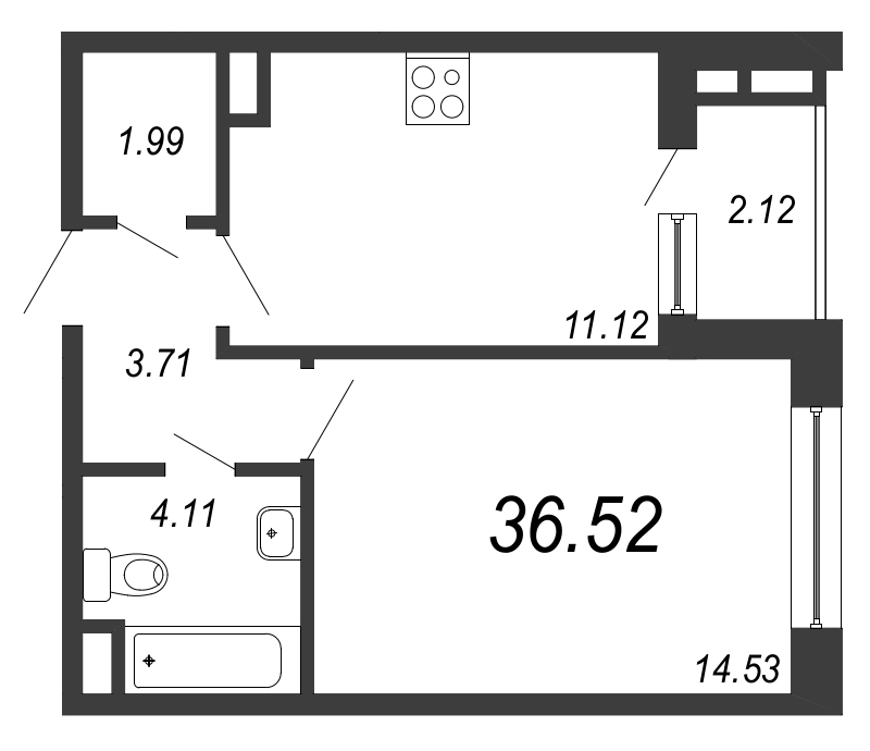 1-комнатная квартира, 36.6 м² в ЖК "NEW TIME" - планировка, фото №1