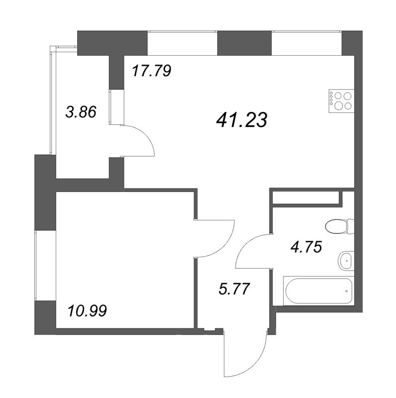 2-комнатная (Евро) квартира, 41.23 м² - планировка, фото №1