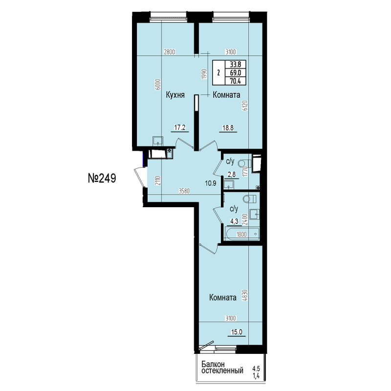 3-комнатная (Евро) квартира, 70.4 м² в ЖК "ПРАГМА СИТИ" - планировка, фото №1