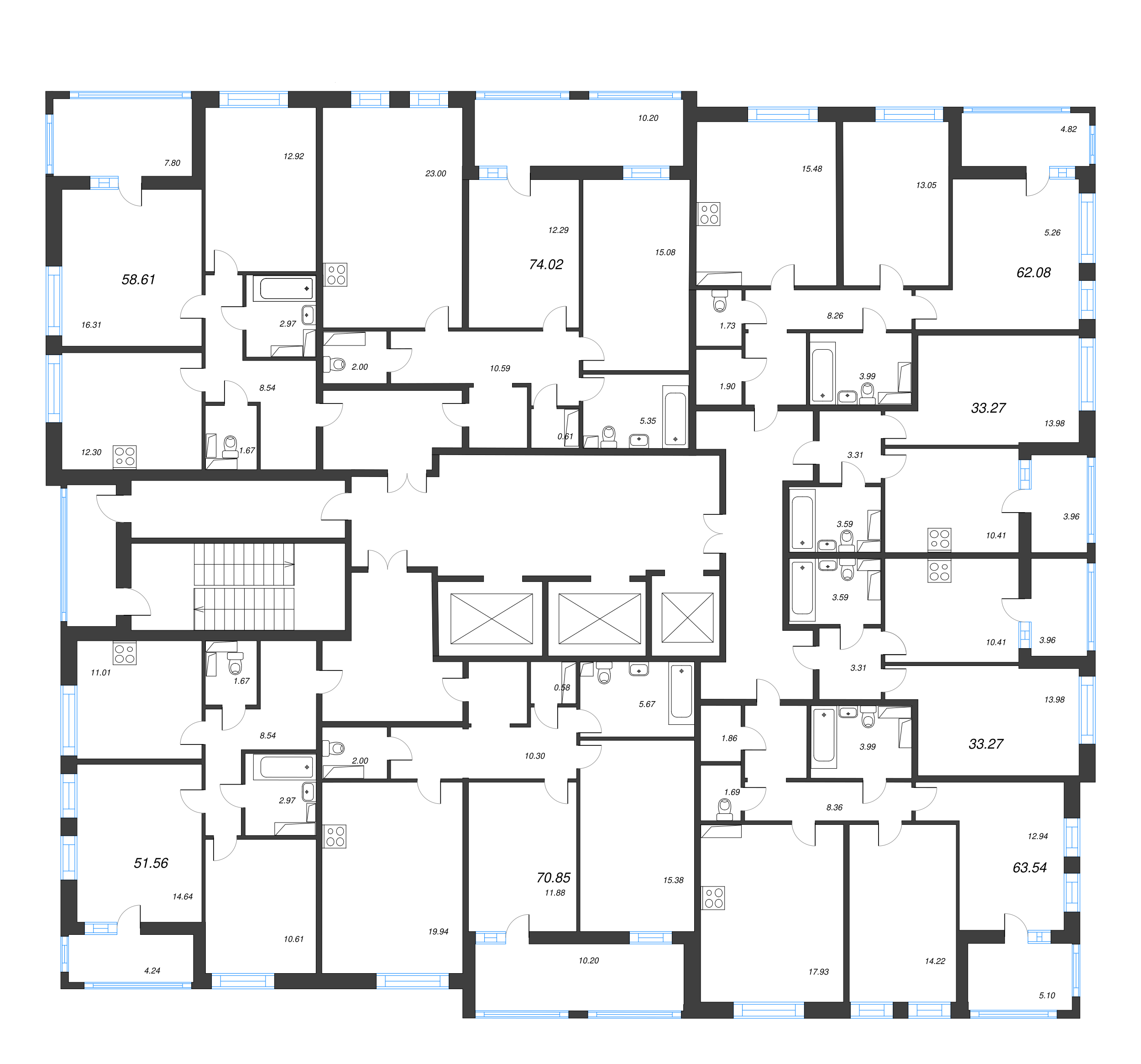 2-комнатная квартира, 51.56 м² - планировка этажа