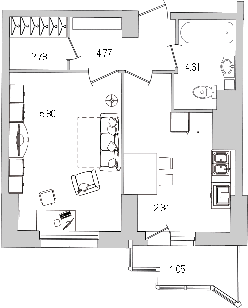 1-комнатная квартира, 43.4 м² в ЖК "Шекспир" - планировка, фото №1