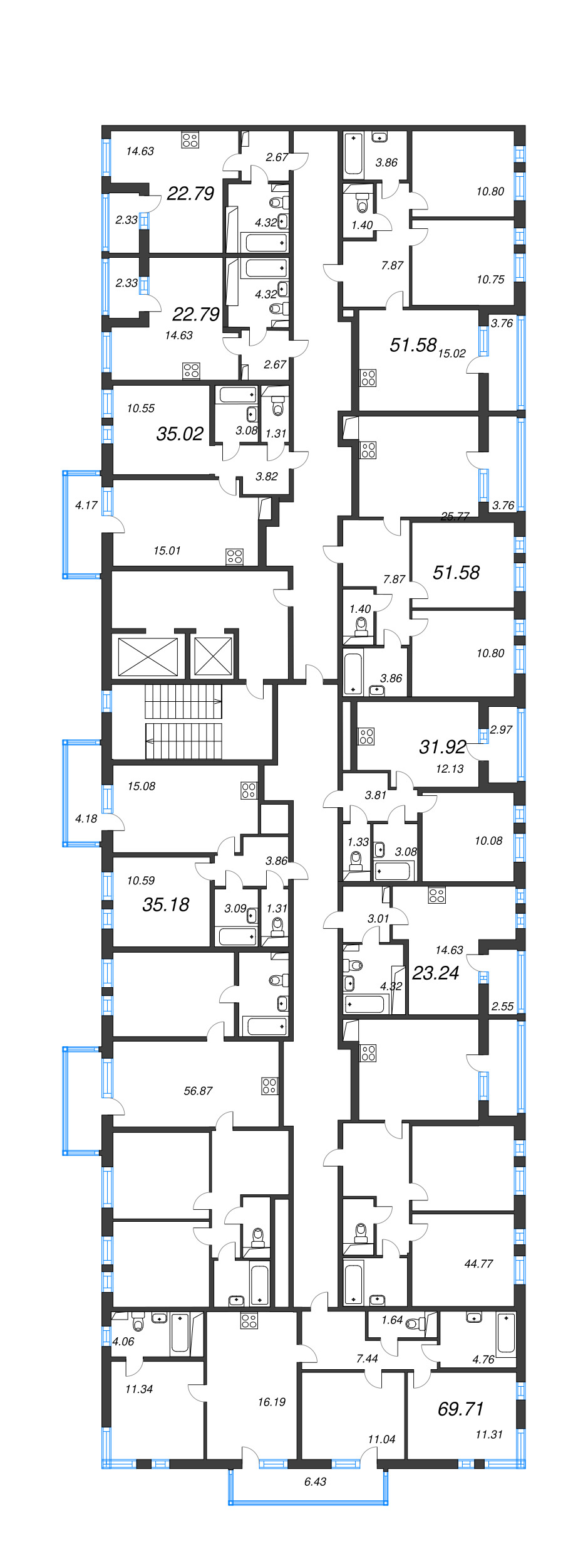 2-комнатная (Евро) квартира, 35.18 м² в ЖК "Аэросити" - планировка этажа