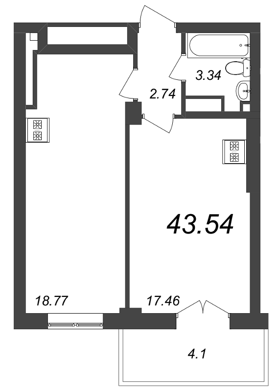 2-комнатная (Евро) квартира, 44.1 м² в ЖК "Neva Residence" - планировка, фото №1