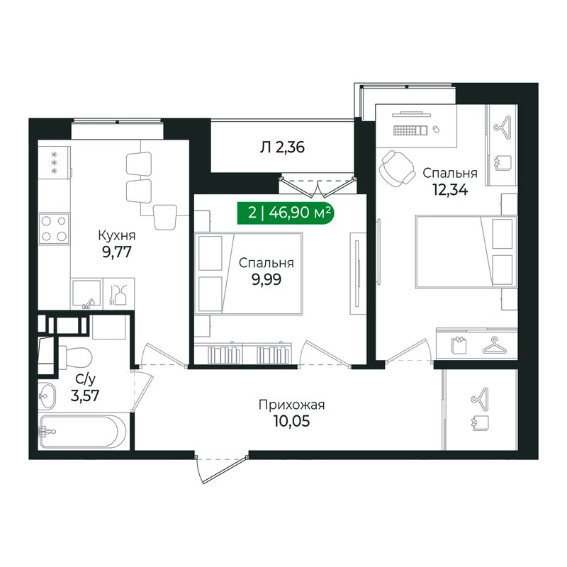 2-комнатная квартира, 45.8 м² в ЖК "Сертолово Парк" - планировка, фото №1