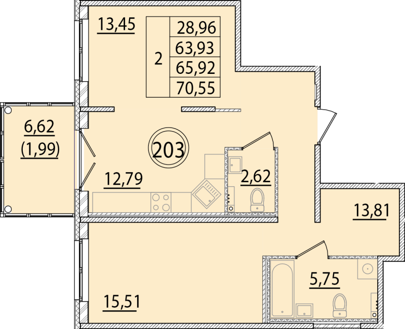 2-комнатная квартира, 63.93 м² - планировка, фото №1