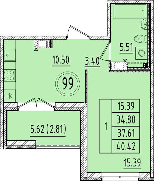 1-комнатная квартира, 34.8 м² в ЖК "Образцовый квартал 6.4" - планировка, фото №1
