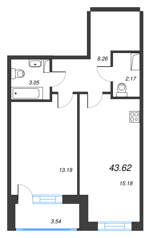 2-комнатная (Евро) квартира, 43.62 м² - планировка, фото №1