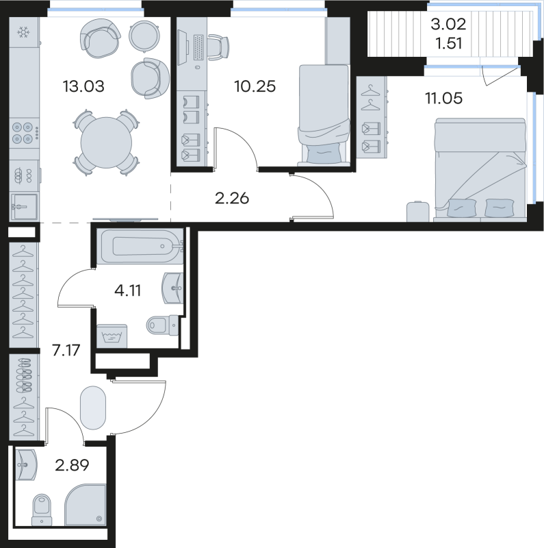 2-комнатная квартира, 52.27 м² в ЖК "GloraX Новоселье" - планировка, фото №1