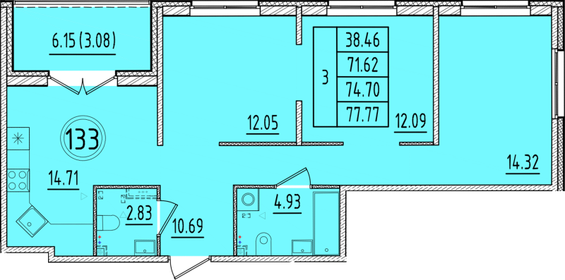 3-комнатная квартира, 71.62 м² - планировка, фото №1